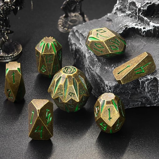 DND Metal Dice Set, ZHOORQI 7 Pcs Polyhedral Dice, Perfect for Dungeons and Dragons, RPG Role Playing Games - Unique Cool Dice with Stonehenge Themed Design for Game Gifts(Bronze Green)