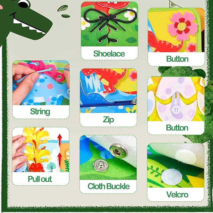 Busy Book for Kids, Dinosaur Busy Board Toys for Toddlers 1-3, Montessori Preschool Learning Book Toy for Kids