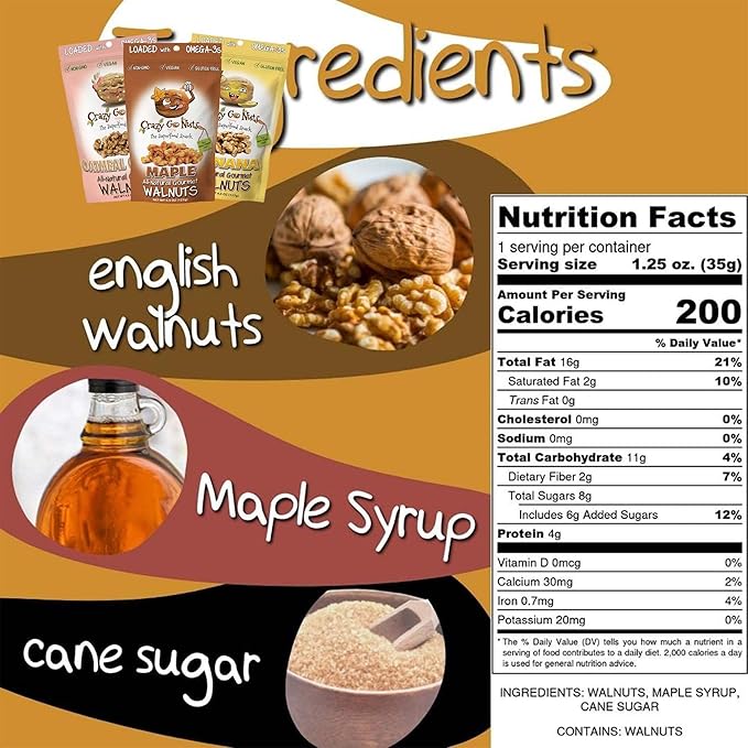 Crazy Go Nuts Maple Walnuts - Glazed Walnuts for Snacking, Candied Walnut Pieces Bulk, Individual Packs, Natural Source of Omega 3 ALA, Gluten Free, Premium Healthy Snack - 1.25 oz Bags (12 Pack)