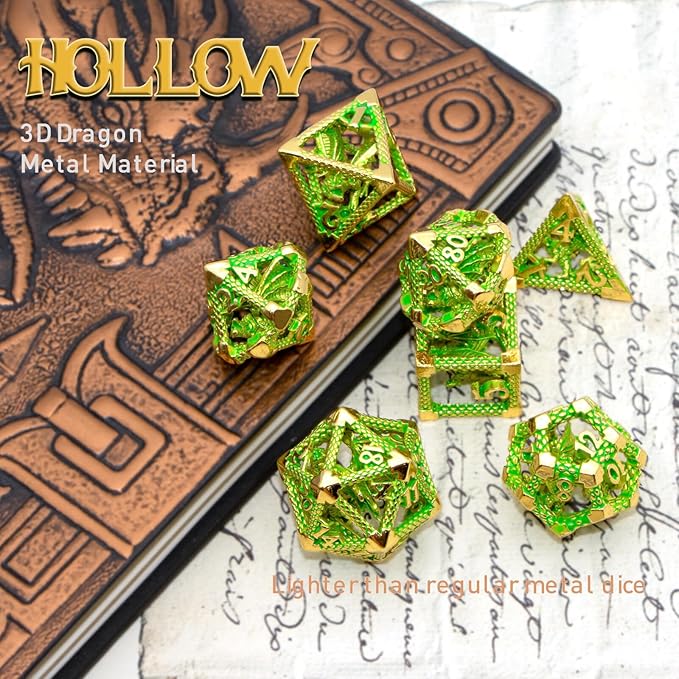 DND Dice,HNCCESG Metal D&D Dice of 7pc,Dungeons and Dragons Dice Set Polyhedral Dice Role Playing Dice Set Hollow Dice Gaming D D Gift for Table Game RPG Shadowrun (Gilt Green)