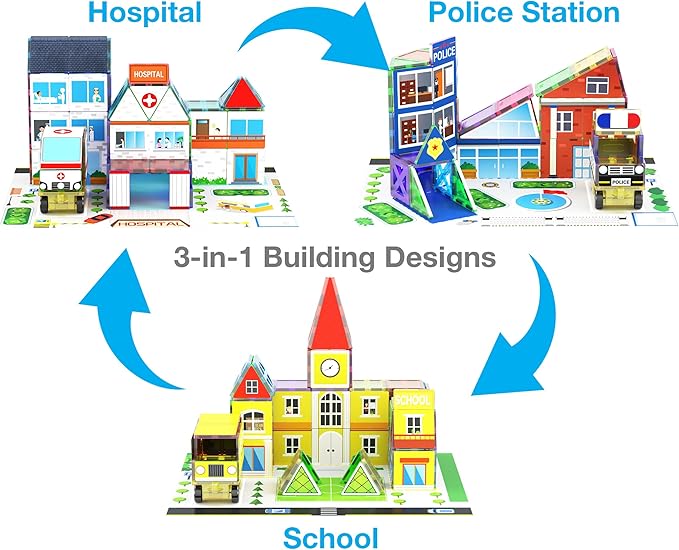 PicassoTiles 3-in-1 Theme Set School Hospital Police Station Magnet Self Adhesive Backing Stick-On Sheet Combo w/Car Magnet Building Block Playset STEM Learning Construction Brain Development Kit