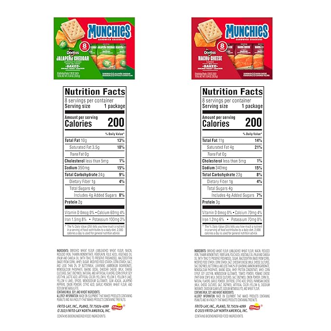Munchies Baked Sandwich Crackers Variety Pack, Doritos Nacho Cheese and Doritos Jalapeno Cheddar, 1.38 Oz sleeves (Pack of 32)