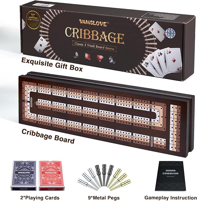 VAMSLOVE Wooden Cribbage Board Game Magnetic 3-Track Scoreboard with Large Slots for Storing 2 Playing Cards and 9 Metal Pegs, Travel Family Game Night (Instruction Included