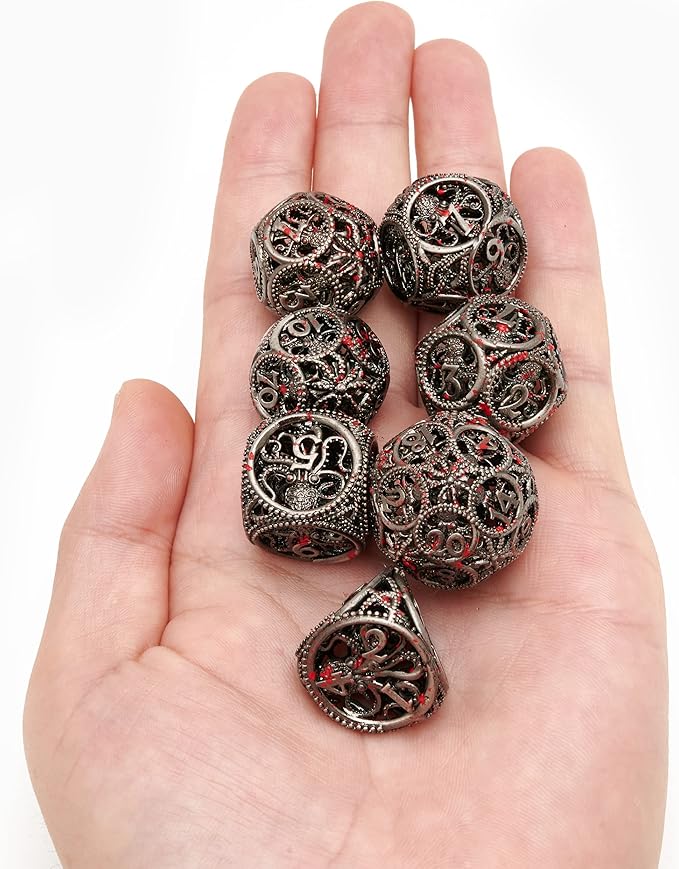 DND Dice,Hollow D&D Metal Dice,Unique Round Ball Design Octopus Dice with Gift Box for Dungeons & Dragon Gaming,7 PCs Steampunk Polyhedral D and D Dic (Ball Octopus Blood Spatter)