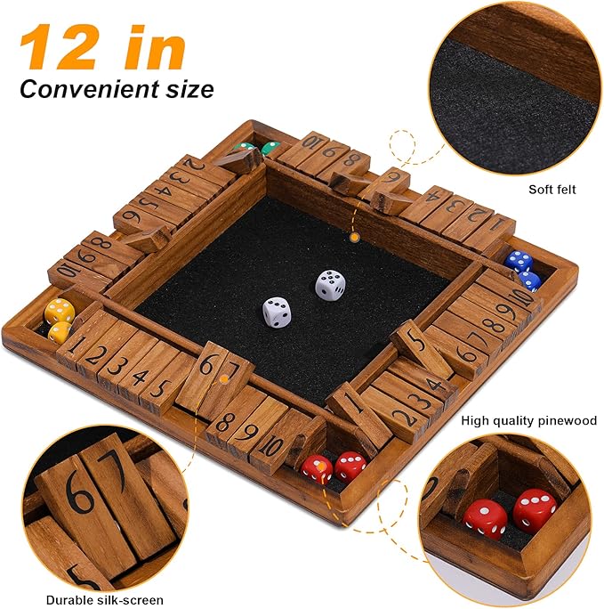 Shut The Box Game Wooden for 1-4 Players,Educational & Fun Wooden Board Game with 10 Dice and Shut-The-Box Instructions for Kids & Family, Pub Dice Game for Adults. (12 Inches)