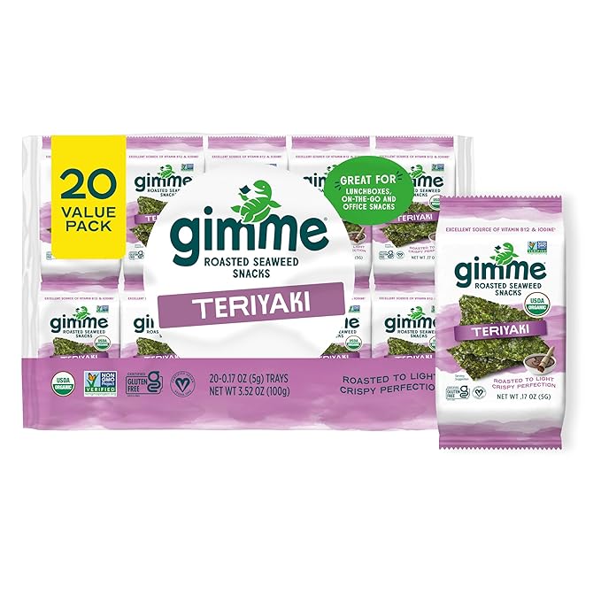 Gimme Seaweed Organic Premium Roasted Seaweed Snacks, Teriyaki, 20 Count, Keto, Vegan, Gluten-Free, Great Source of Omega3s and Iodine, Healthy On-The-Go Snack for Kids and Adults