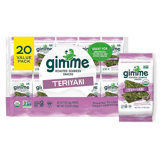 Gimme Seaweed Organic Premium Roasted Seaweed Snacks, Teriyaki, 20 Count, Keto, Vegan, Gluten-Free, Great Source of Omega3s and Iodine, Healthy On-The-Go Snack for Kids and Adults