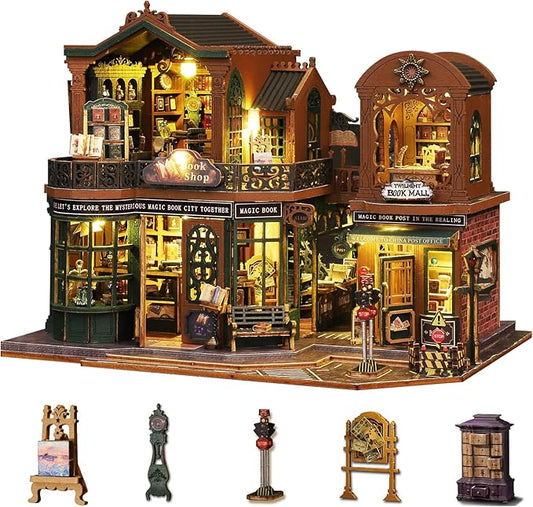 DIY Miniature House Kit for Adults, Mini Wooden Dollhouse Kit, Book Shop Tiny House Diorama Building Kits with Light, 3D Wooden Puzzles Bookend Shelf Insert Decor, Creative Craft