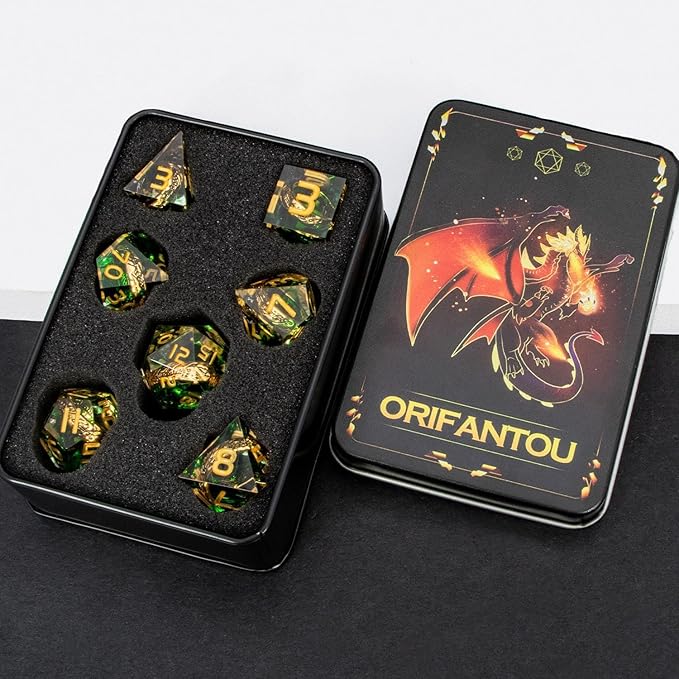 Magic Golden Ring DND Dice with Box, Green Sharp Edge Handmade D and D Polyhedral Dice for use with D&D Tabletop Games RPG, Lord Resin Dice D20 D12 D10 D8 D6 D4