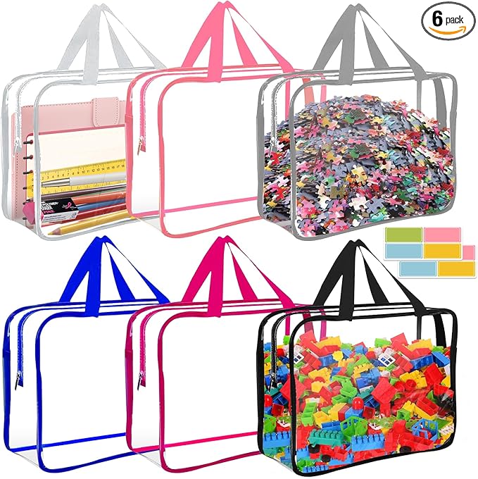 AOBOPLE 6 Pack Toy Storage Bags with Zipper, Reusable Clear Toy Organizer Bags with Labels PVC Board Game Storage for Travel Organizer Building Blocks, Puzzle,6 Colors (11.8x8.7x3.9in)