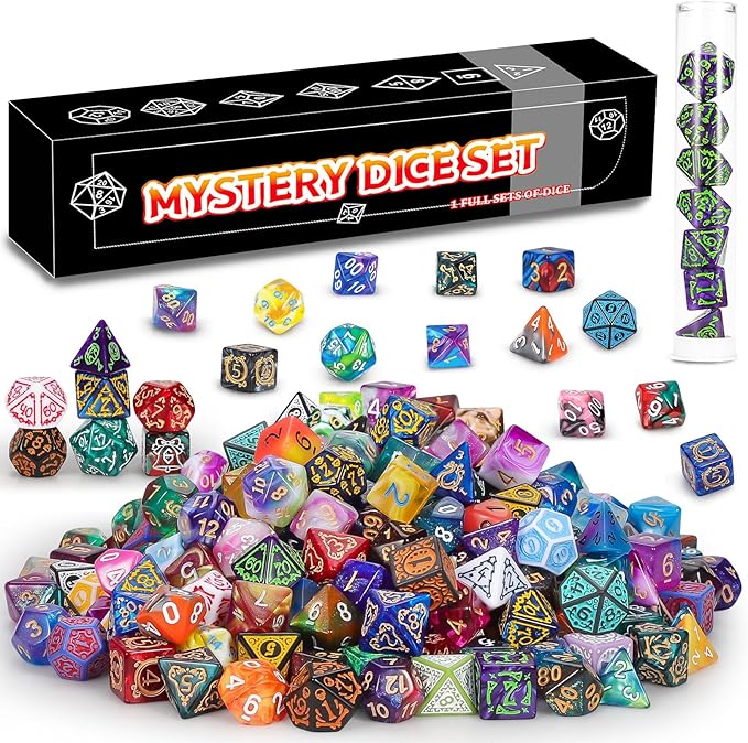 QMAY Mystery Dice Box - 7PCS DND Dice Set, Random Dice Patterns, 1Surprise Boxes, Polyhedral Dice with Dice Display Tube, D&D Gifts Box for Dungeons and Dragons, RPG, MTG,Role Playing Table Game