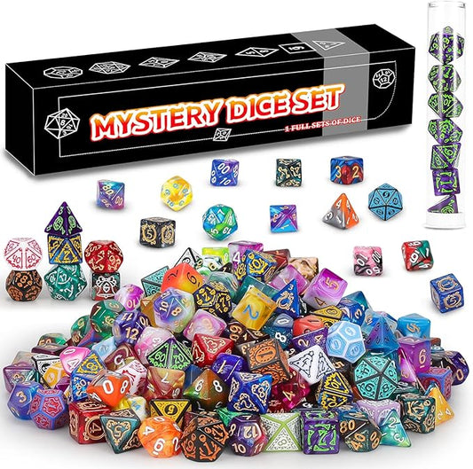 QMAY Mystery Dice Box - 7PCS DND Dice Set, Random Dice Patterns, 1Surprise Boxes, Polyhedral Dice with Dice Display Tube, D&D Gifts Box for Dungeons and Dragons, RPG, MTG,Role Playing Table Game