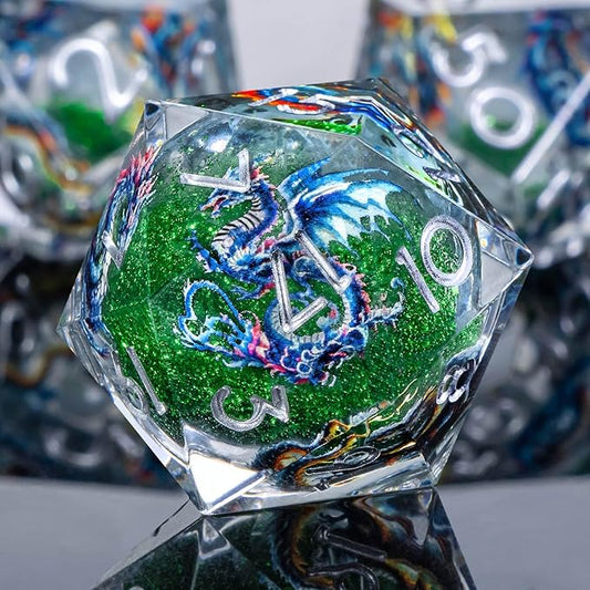 Dragon Pattern Liquid Core DND Dice Set, 7Pcs Resin Sharp Edge D&D Dice with Gift Box, Green Dungeons Dragons D and D Role Playing Game Dice D20 D12 D10 D8 D6 D4