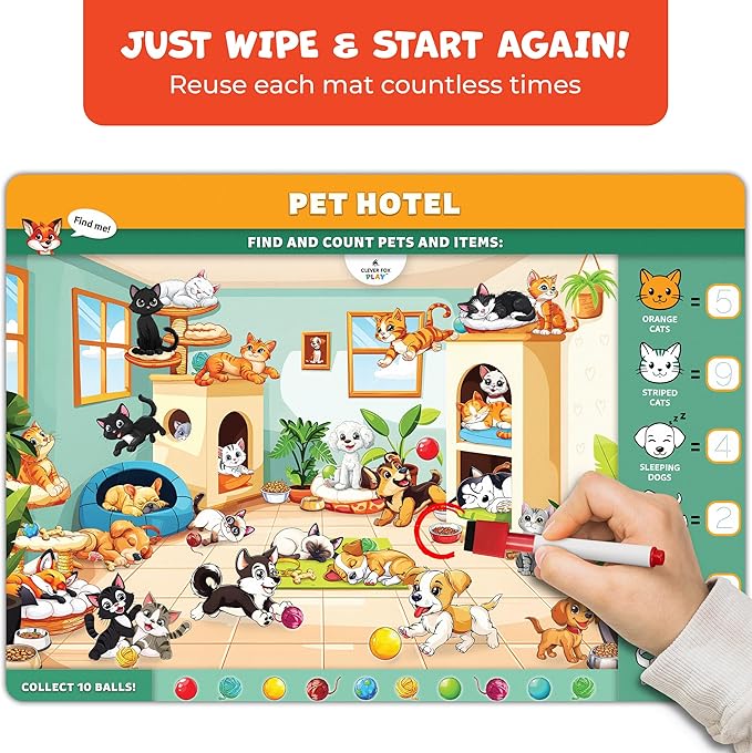 Search & Find Reusable Activity Mats for Preschool Learning – 30 Educational Find It Games for Kids Ages 3-8 – Interactive Dry Erase Mats – Seek & Find Toys for Toddler & Kindergarten