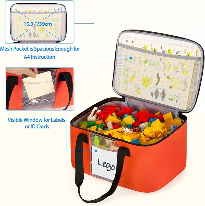 Large Toy Storage Organizer with 3 Small Zipper Bags Compatible with Lego Bricks, Travel Organizer Case for Building Blocks, Car Toy, Dolls, Crafts, Magnetic Toys, Board Game Storage Case