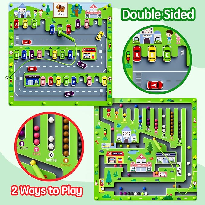 2 in 1 Magnetic Color and Number Maze Magnet Alphabet Counting Car Puzzle Double Sided Board Fine Motor Skills Montessori Educational Preschool Toys for Boys and Girls 3-5 Age (Car Maze, One Size)