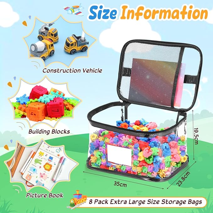 Aliceset 8 Pack 13.5 inch Extra Large Clear Toy Storage Bag with Name Tag Pocket Reusable Clear PVC Board Game Storage Travel Waterproof Bags with Zipper for Building Blocks Puzzle Books