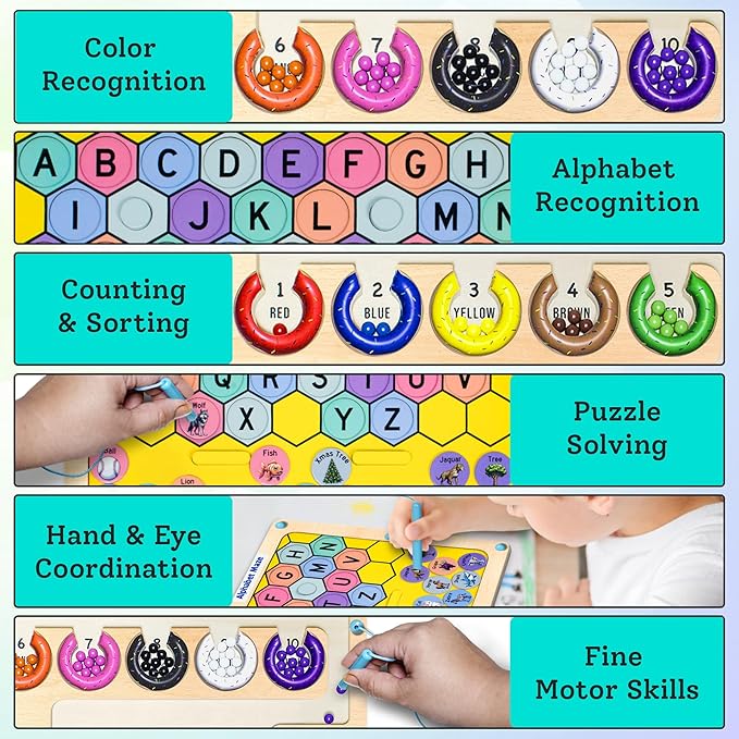 2 in 1 Double Side Magnetic Color and Number Maze, Montessori Alphabet Maze Board Toddlers toys for 3+ years old, Magnet Puzzle Learning Counting Color Matching Toy Gifts for kids Girls Boys