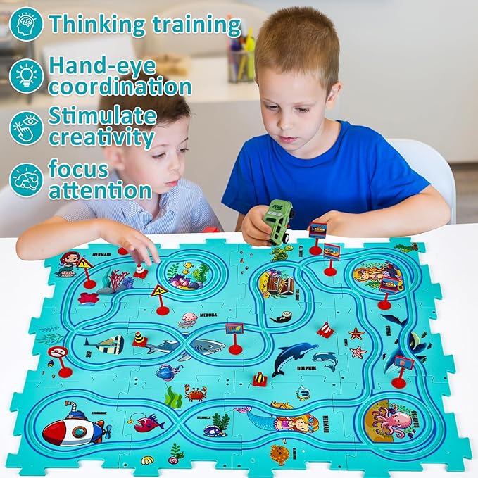 25PCS Puzzle Racer Kids Car Track Set, Rail Car Puzzle Track Ocean Themed Series, Puzzle Track Car Play Set, Toddler Puzzle Track Car, Educational Puzzle Toys Gifts for Kids Boys and Girls