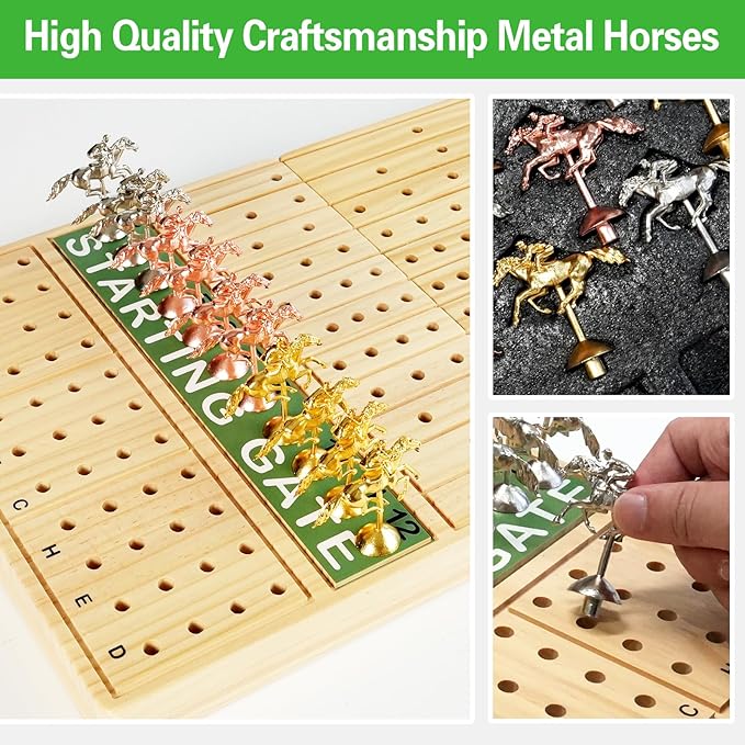 FUNNYB&G 21 inches Horse Race Board Game Foldable Large Horse Racing Game for Adults with 11 Metal Horses, Solid Wood 60 Pcs Poker Chips 2 Dice 1 Pack of Cards for Family Tabletop Parties(Log)