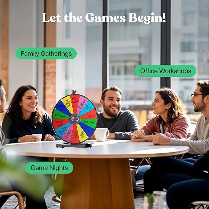 T-SIGN 18 Inch Heavy Duty Spinning Prize Wheel - 14 Slots Color Tabletop Roulette Wheel of Fortune - with Dry Erase Marker and Eraser Win The Fortune Spin Game for Carnival & Trade Show (Multicolor)