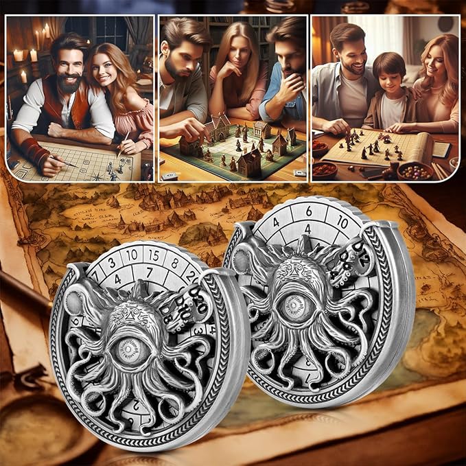 Spinner DND Dice Set, 7-in-1 Metallic D&D Dice, One-Eyed Octopus Roulette Dice Spinner for DND Dice Set, D&D Gifts with Gift Box, Role Playing Game Board Game Accessories, Dark Silver