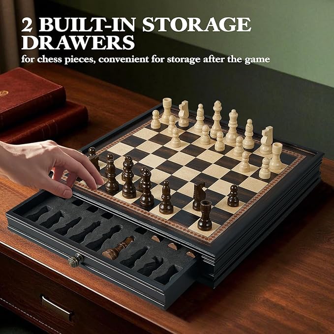 12.5’’ Wooden Chess Set, Magnetic Chess Pieces with 2 Built-in Storage Drawers - Chess Broad Game for Beginner, Kids, Adults - 2 Bonus Extra Queens