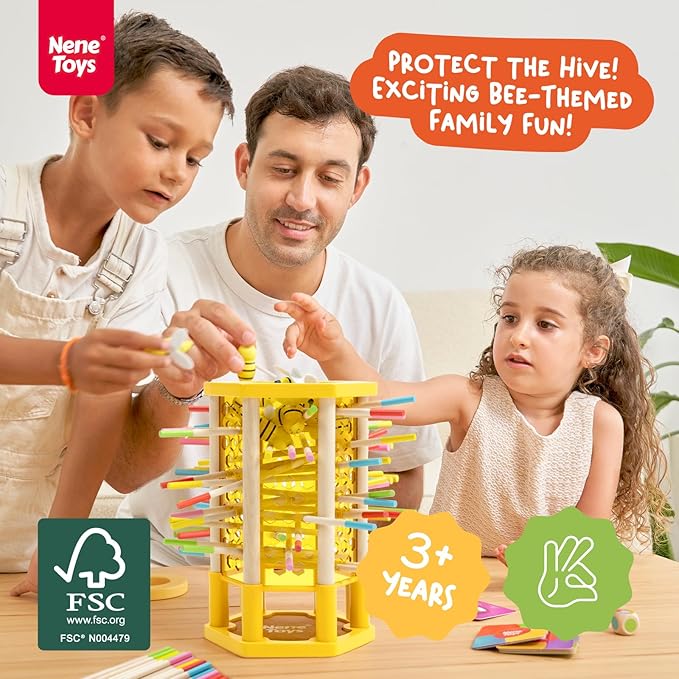 Nene Toys BeeFall, 4-in-1 Wooden Honey Bee Toy for Kids Ages 3-9 - Educational Game with Wooden Honeybee Hive, 12 Bees, Colorful Sticks, Dice & Cards - Fun Family Game for Cognitive Development