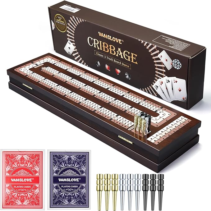 VAMSLOVE Wooden Cribbage Board Game Magnetic 3-Track Scoreboard with Large Slots for Storing 2 Playing Cards and 9 Metal Pegs, Travel Family Game Night (Instruction Included