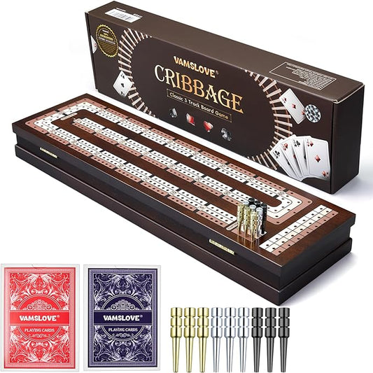 VAMSLOVE Wooden Cribbage Board Game Magnetic 3-Track Scoreboard with Large Slots for Storing 2 Playing Cards and 9 Metal Pegs, Travel Family Game Night (Instruction Included