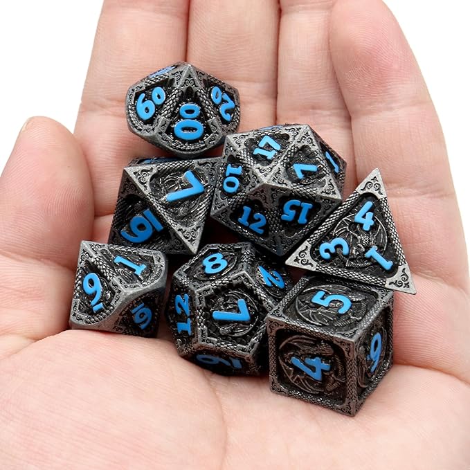 Haxtec Metal DND Dice Set Black Blue Dragon D&D Dice Set with Leather Dice Bag Metal Polyhedral Dice for Dungeons and Dragons Gifts TTRPG Dice