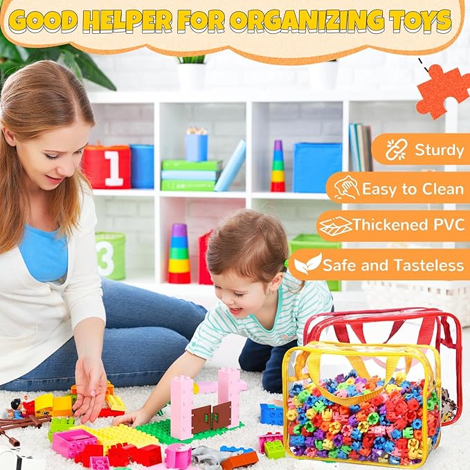 Sanwuta 4 Packs Large Toy Storage Bags Reusable Clear PVC Organizing Case Bags with Two Handles Waterproof Toy Container for Board Games, Building Blocks, Puzzles, Small Toys and Kids Books(Bright)