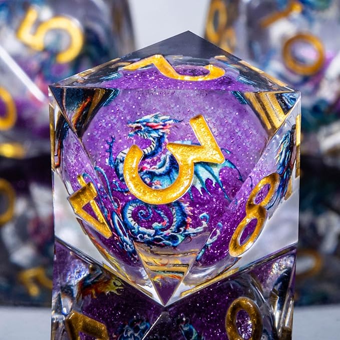 Dragon Pattern Liquid Core DND Dice Set, 7Pcs Sharp Edge Dice with Gift Box, Purple Resin Dungeons Dragons D and D Role Playing Dice D20 D12 D10 D8 D6 D4