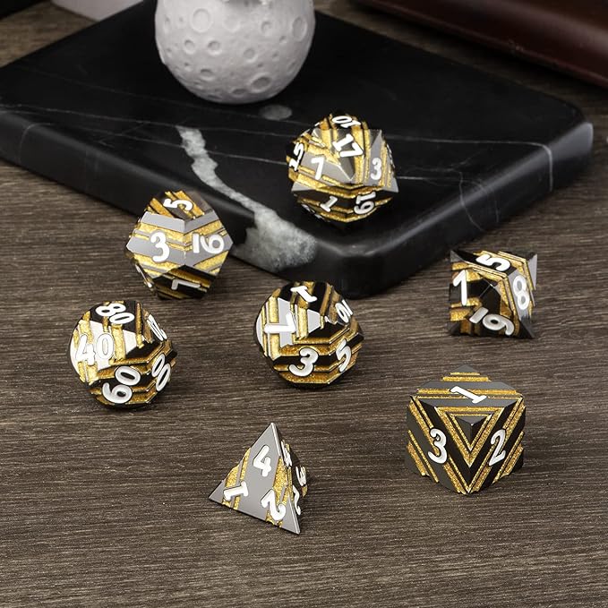 Stripe Metal DND Dice Set,DNDND Metallic D&D Dice with Gift Case for Dungeons and Dragons D&D (Gold Stripes)