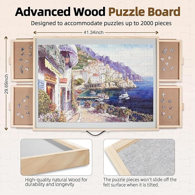 ALL4JIG 2000 Pieces Rotating Puzzle Board with 4 Drawers & Lazy Susan, 40.1" × 28.5" Wooden Jigsaw Puzzle Table with Cover, Portable Puzzle Board