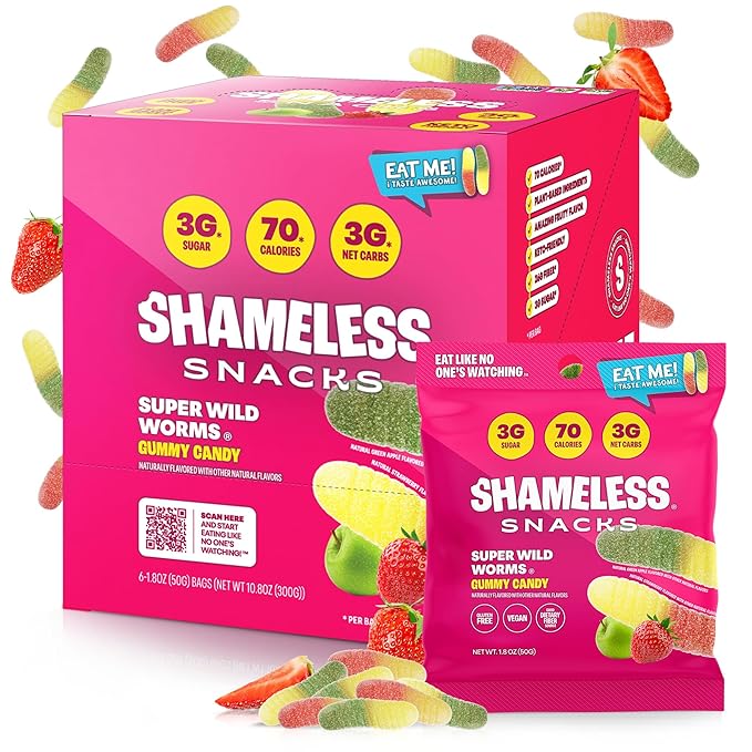 Shameless Snacks - Healthy Low Calorie Snacks, Low Carb Keto Gummies (Gluten Free Candy) - 6 Pack Wild Worms