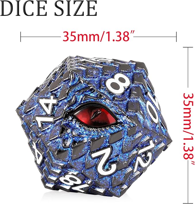 Metal D20 DND Dice Set - Dragon Scale Metallic 20 Sided Giant Polyhedral Dice,35mm Large Dragon Eye Metal D&D Dice Set for Dungeons and Dragon Tabletop Game(Blue Glitter Dragon Scale)