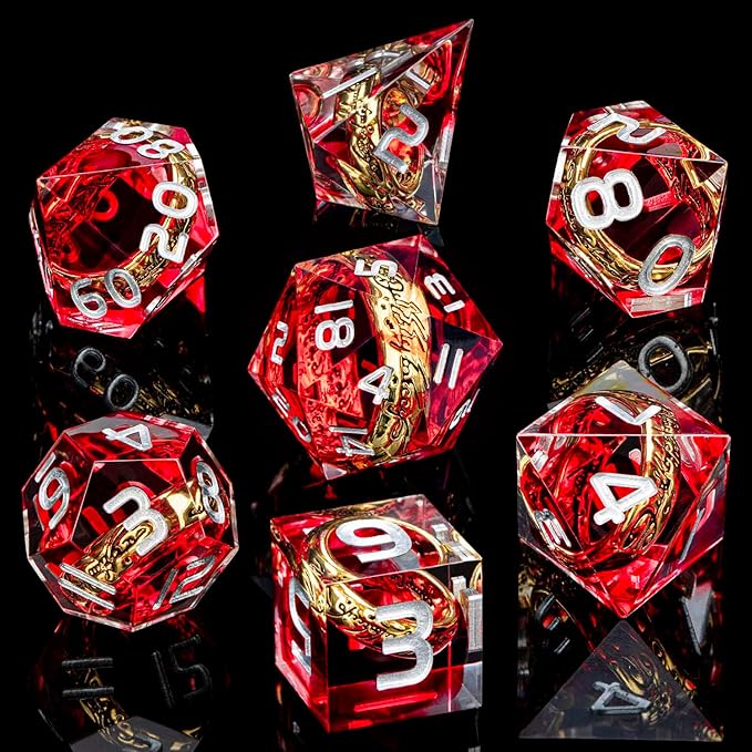 Magic Golden Ring DND Dice Set Sharp Edge Red Resin Dice with Box, for Use with D&D RPG Role Playing Games, Lord D and D Polyhedral Dice Set