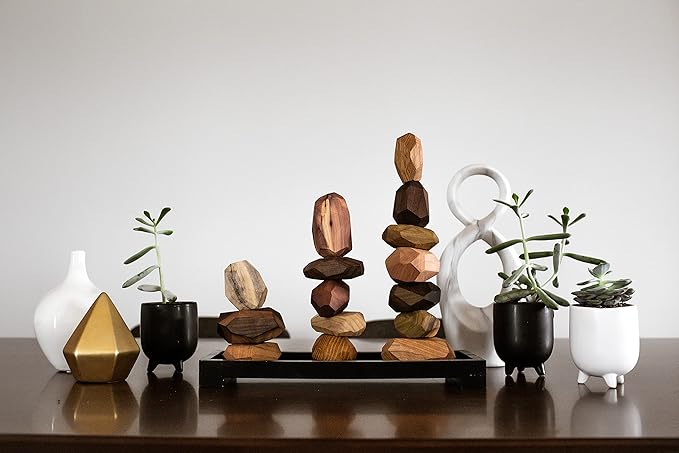 22 Piece Natural Wooden Balancing Block Set - Sensory Educational Natural Wood Toy Stacking Game - Mixed Wood Species - USA Made - Jojoba Oil and Beeswax Finish - Wood Stone Building Blocks