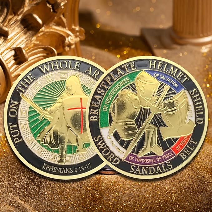 Armor of God Coin Challenge Coin Round Commemorative Coins Put on The Whole Armor of God Souvenir Prayer Metal Christian Coin for Military Church Party Collectors (Edition A - 3 Pcs)