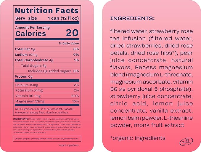 Recess Mood Magnesium & Adaptogen Drink, Relaxation Beverage, 12 Ounce (Strawberry Rose, 12 Pack)