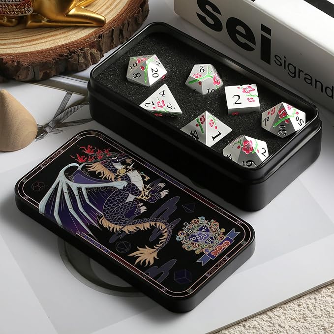 Metal DND Dice, DNDND 7 PCS Glow in The Dark Metallic D&D Dice Set with Gorgeous Gift Case for Dungeons and Dragon Tabletop Game (Glow in The Dark Pink)