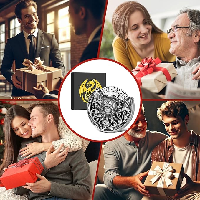 Spinner DND Dice Set, 7-in-1 Metallic D&D Dice, One-Eyed Octopus Roulette Dice Spinner for DND Dice Set, D&D Gifts with Gift Box, Role Playing Game Board Game Accessories, Dark Silver