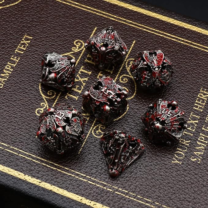 DND Dice,Metal Dice Set with Box HNCCESG,Hollow Dice Set of 7,Game dice for Dungeons and Dragons,Role Playing Dice Gaming D&D Dice for Board Game RPG Warhammer (Angel Blood Splatter)