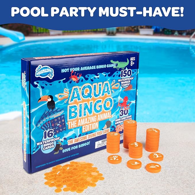 Pool Bingo Diving Game for Kids - Summer Party Fun Edition - Dive & Call 30 Sinking Animal Themed "Numbers", Fill Your Card- 150 Marker Chips &16 Double Sided Waterproof Play Cards & Bag, Gift