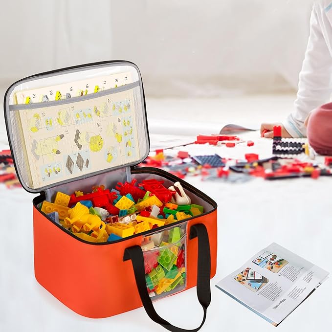 Large Toy Storage Organizer with 3 Small Zipper Bags Compatible with Lego Bricks, Travel Organizer Case for Building Blocks, Car Toy, Dolls, Crafts, Magnetic Toys, Board Game Storage Case