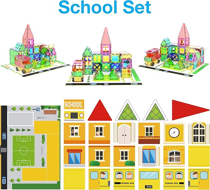 PicassoTiles 3-in-1 Theme Set School Hospital Police Station Magnet Self Adhesive Backing Stick-On Sheet Combo w/Car Magnet Building Block Playset STEM Learning Construction Brain Development Kit
