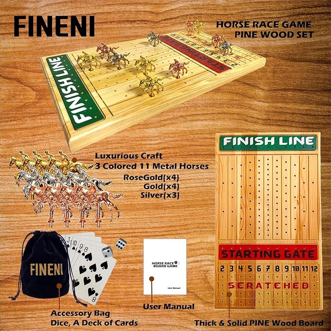 Horse Racing Game for Adults With 11 Luxurious Metal Horses (Silver, Black, Rose Gold), 22" Pine Wood Race Game Board, Dice & Card Included (Log Color3)