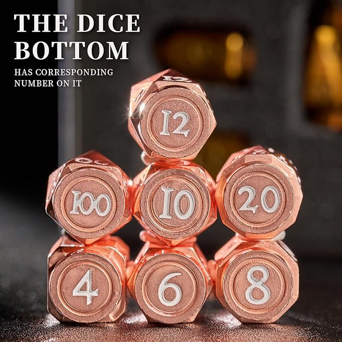 Bullet Dice for Dungeons and Dragons, Heavy Metal Dice Set D&D Polyhedral D and D Dice for Role Playing Game for Sci-Fi Warhammer40k War Crime (Rose Gold WhiteNumber)