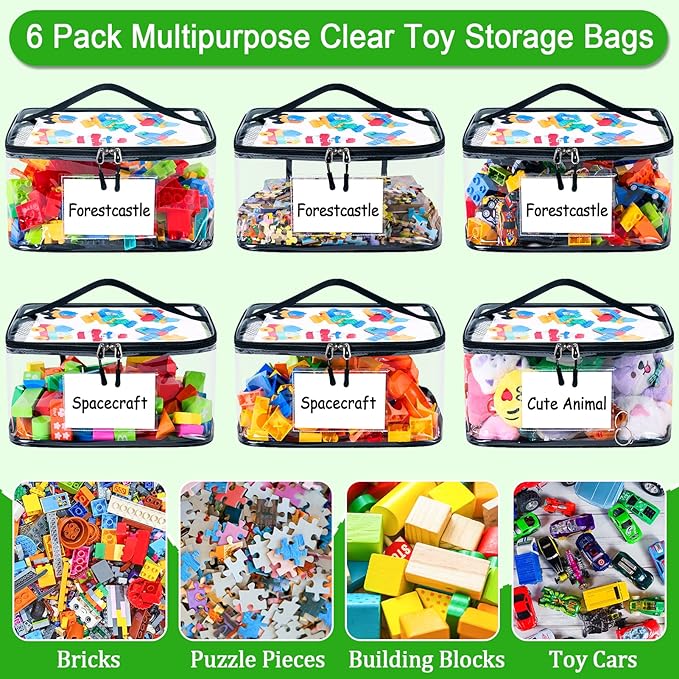 Upgraded 6 Pack Clear Toy Storage Bag - with Name Tag & Manual Pocket, Transparent PVC Toy Organizer Case with Zipper for Board Game, Building Blocks, Puzzles, Large Capacity for Kids Ages 6+ (Black)